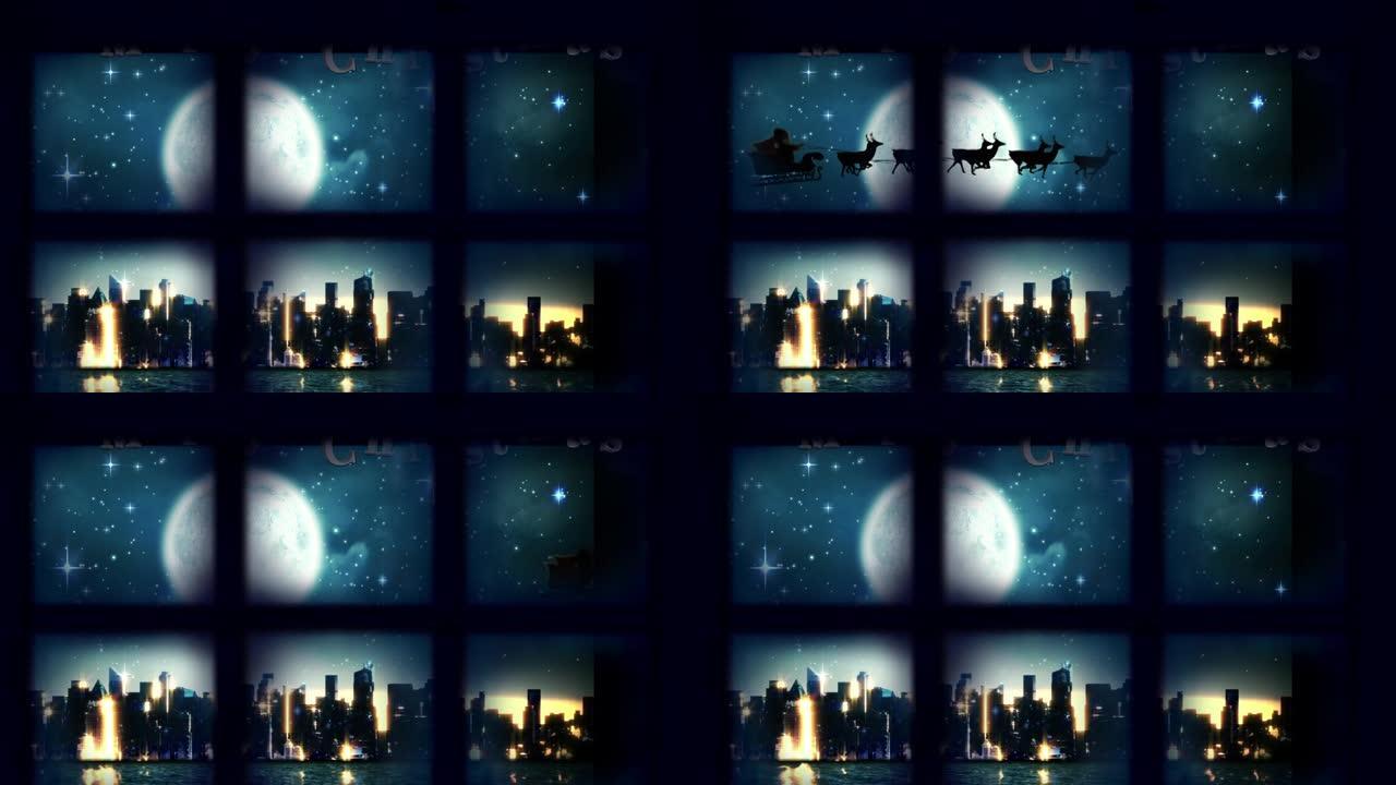 雪橇上的圣诞老人的窗框被驯鹿拉到城市景观上