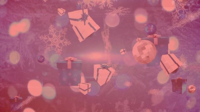 雪花，圣诞节小玩意和礼物图标落在蓝色背景上的光斑上