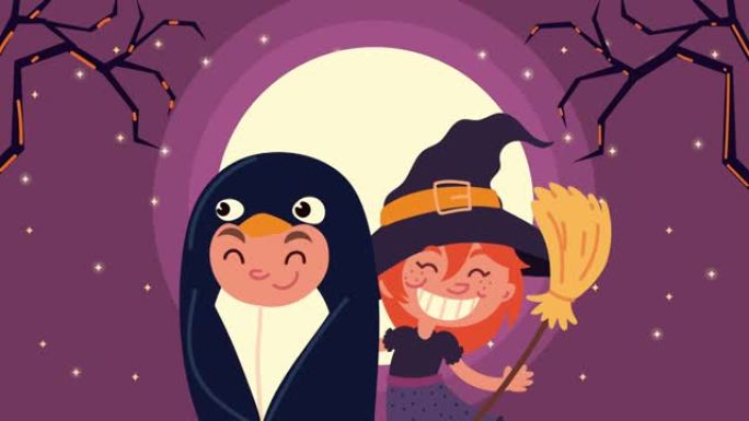 万圣节快乐动画与小企鹅在晚上