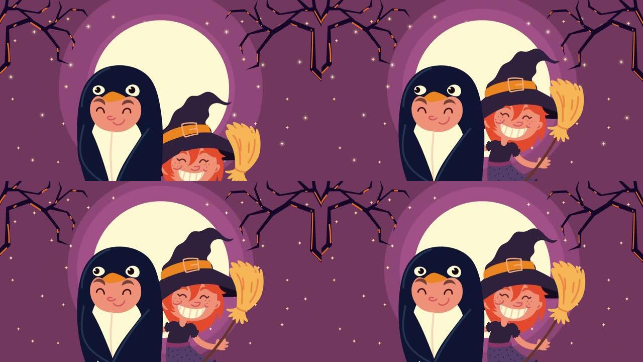 万圣节快乐动画与小企鹅在晚上