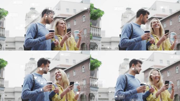 社交媒体图标的动画漂浮在快乐的高加索夫妇喝外卖咖啡
