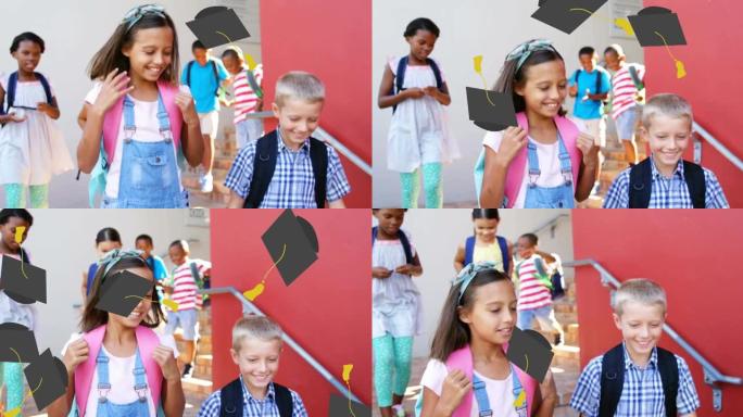 学校毕业帽图标在学校微笑的学生身上的动画