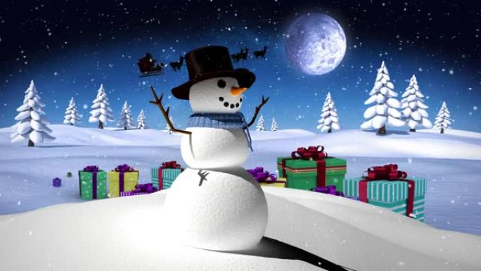 雪落在雪人身上，并在夜空中的冬季景观上与月亮相映而来的圣诞节礼物