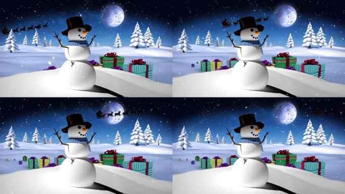 雪落在雪人身上，并在夜空中的冬季景观上与月亮相映而来的圣诞节礼物