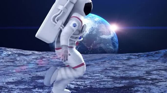 宇航员在行星表面奔跑。快速移动。地球。