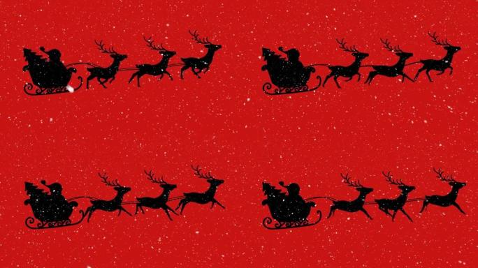 红色背景上的驯鹿雪橇上的雪落在圣诞老人身上的动画