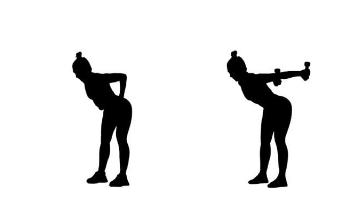年轻女子的黑色剪影用哑铃锻炼。手部锻炼，女性健身。白色背景上的2合1拼贴侧视图全长。慢动作准备59.