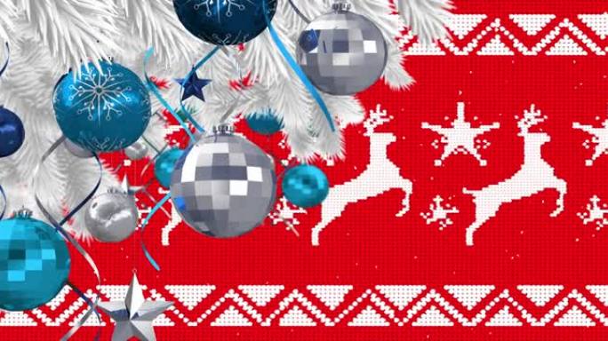 红色背景上的圣诞节小玩意装饰上的雪掉落动画
