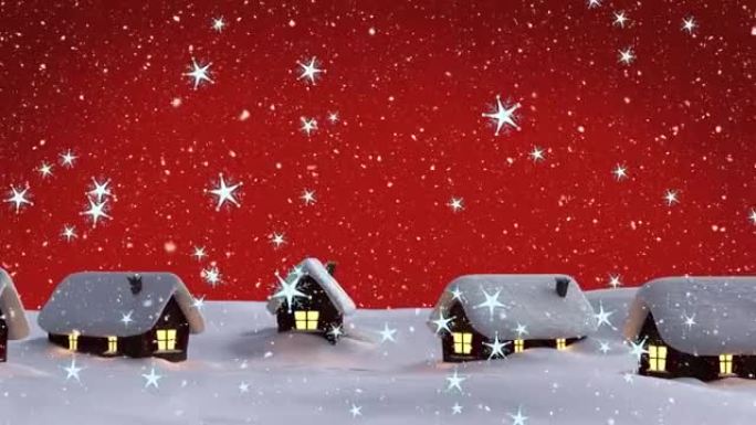 红色背景下冬季景观上的多星图标和雪落在房子上的图标