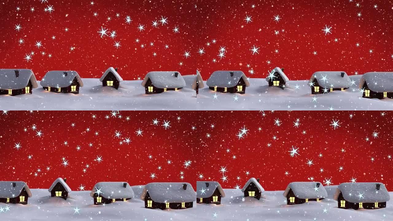 红色背景下冬季景观上的多星图标和雪落在房子上的图标