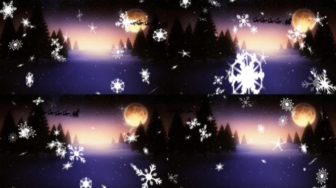 雪花落在雪橇上的圣诞老人上，在夜空中被驯鹿拉向月亮