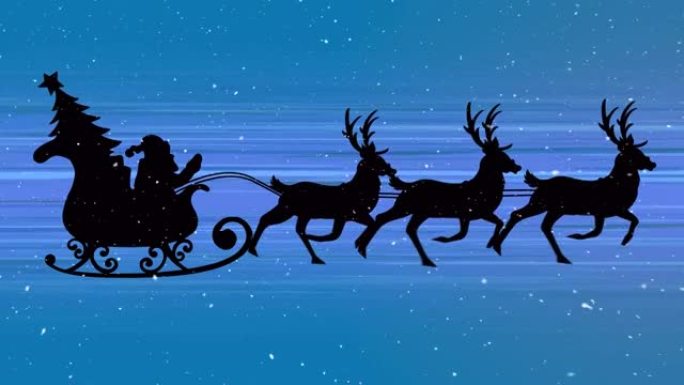 雪落在雪橇上的圣诞老人身上，被驯鹿拉动，蓝色背景上的小径