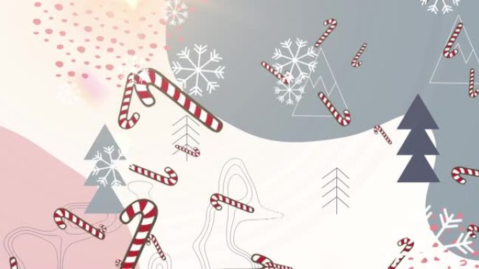 灰色背景上的多个糖果手杖图标和雪花落在抽象形状上