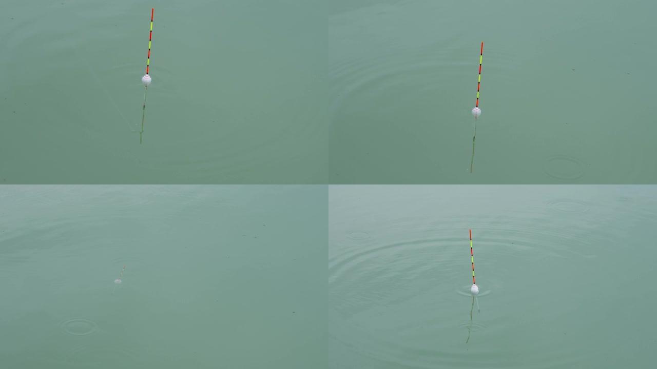 夏季钓鱼漂浮在水中的鱼竿
