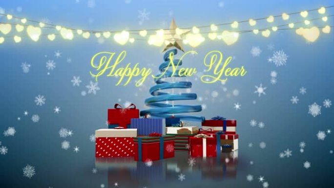 蓝色背景上的新年祝福，圣诞树，灯光和落雪的动画