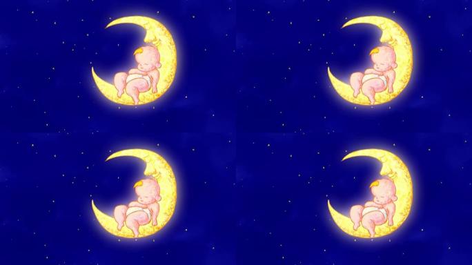 婴儿在月球上睡觉4k高清动画。一闪一闪小星星睡前歌背景降视频