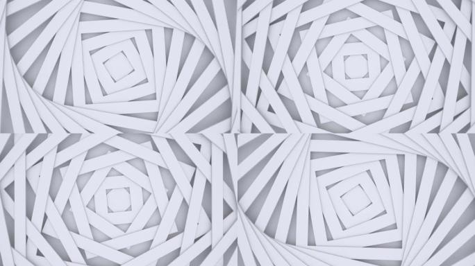 方形螺旋扭曲形状，白色旋转矩形，动画循环几何背景。3d运动图形，4k动态壁纸