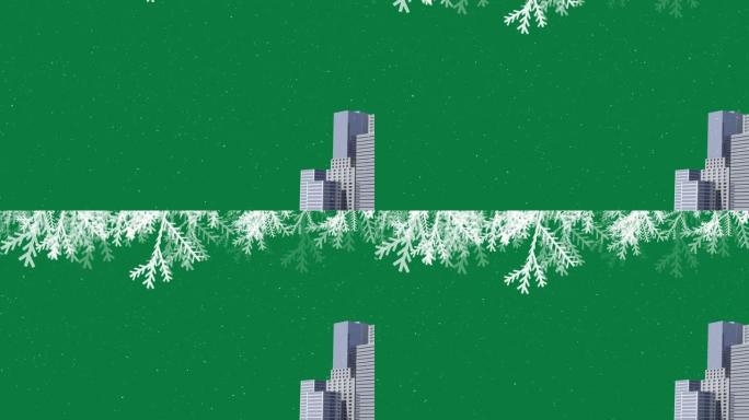 圣诞装饰品上飘着雪的动画，绿色背景上有复制空间的城市景观