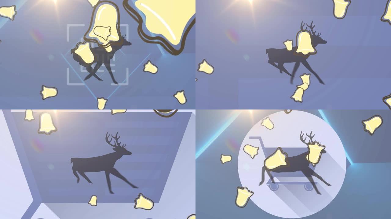 多个铃铛图标落在驯鹿的轮廓上，与二维码和发光的隧道对抗