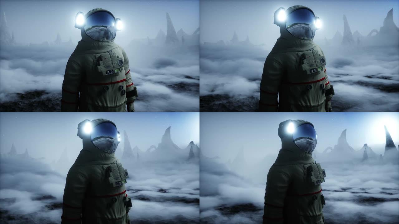 外星人星球上的宇航员。火星表面。太空旅行。逼真的4k动画。