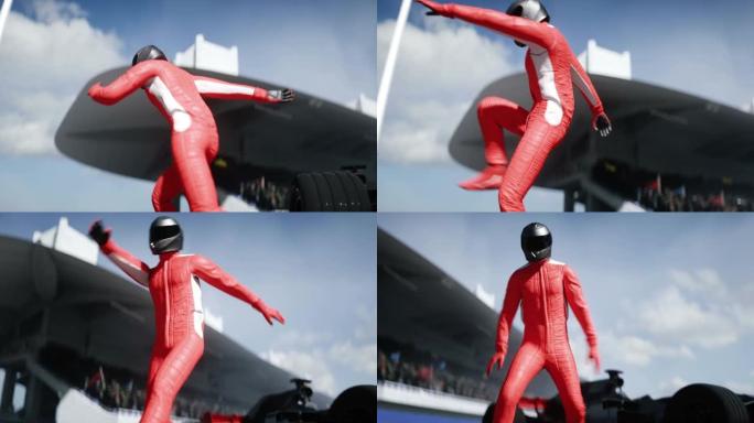 有趣的赛车手正在体育场跳舞。逼真的4k动画。