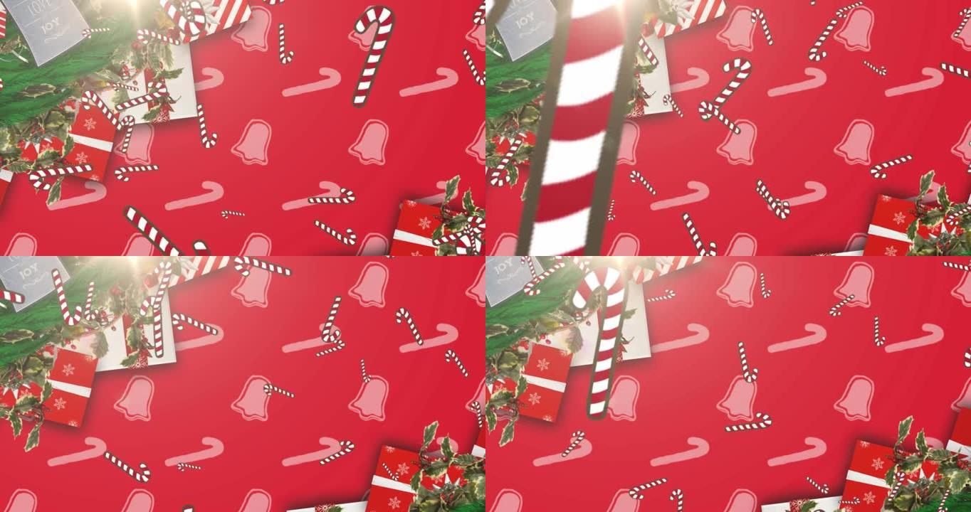 圣诞节礼物上掉落的糖果棒动画