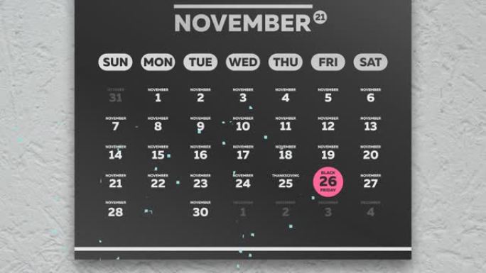 两个标记黑色星期五和网络星期一的日期出现在挂历2021的黑色美丽11月页面上