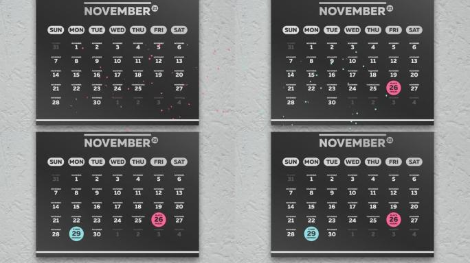 两个标记黑色星期五和网络星期一的日期出现在挂历2021的黑色美丽11月页面上
