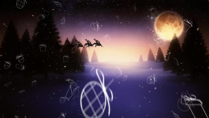 圣诞老人在雪橇上的圣诞物品动画，驯鹿和冬季景观