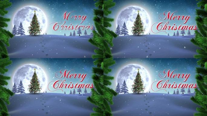 树枝和圣诞快乐的文本在圣诞树上的冬季景观与夜空