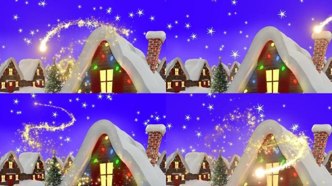 圣诞屋和飘落的雪上流星的动画