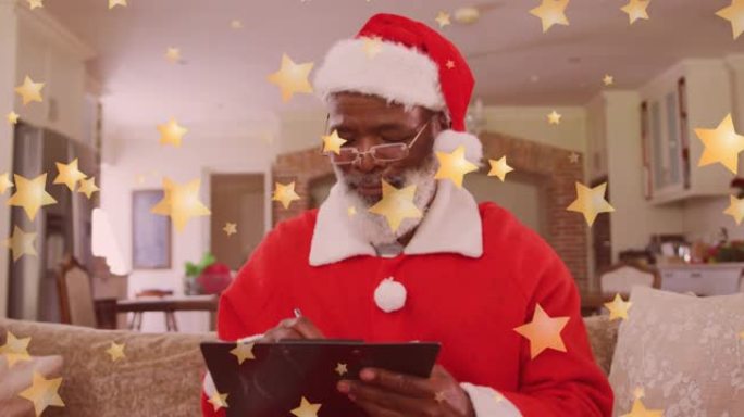 圣诞节时，星星掉落在快乐的非洲裔美国人身上的动画戴着圣诞老人的帽子
