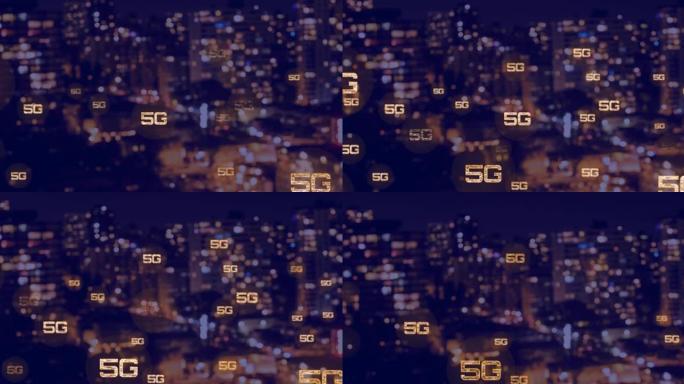 城市景观上5g文本连接网络的动画