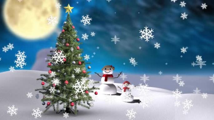 冬季景观中圣诞树上雪花飘落的动画