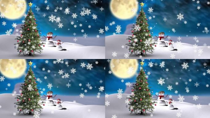 冬季景观中圣诞树上雪花飘落的动画