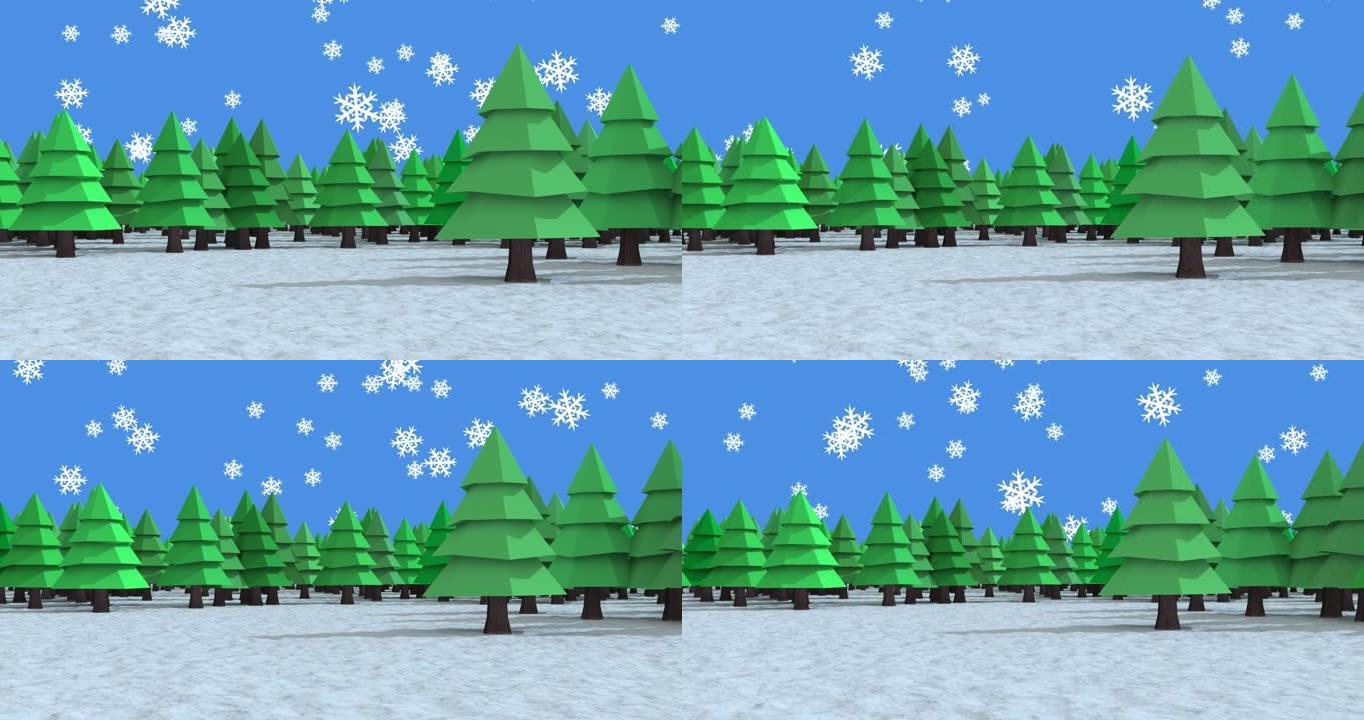 雪花落在蓝色背景下的冬季景观上的多棵树上的图标