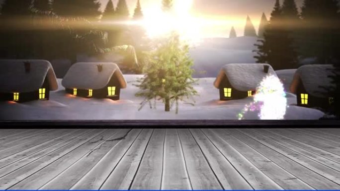 冬季景观和木板表面的流星动画