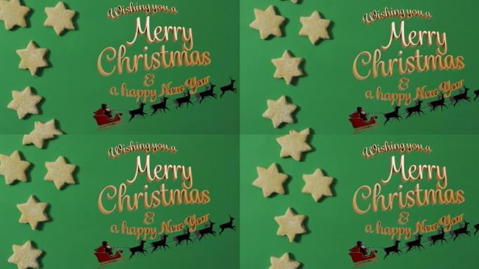 绿色背景上的库普基和圣诞老人雪橇上的祝你圣诞快乐的动画
