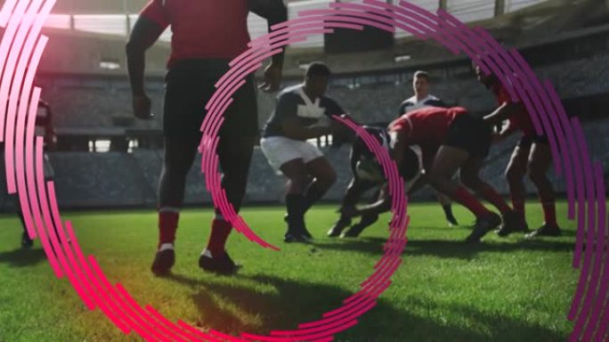 比赛期间，男性橄榄球运动员身上的红线螺旋旋转的动画