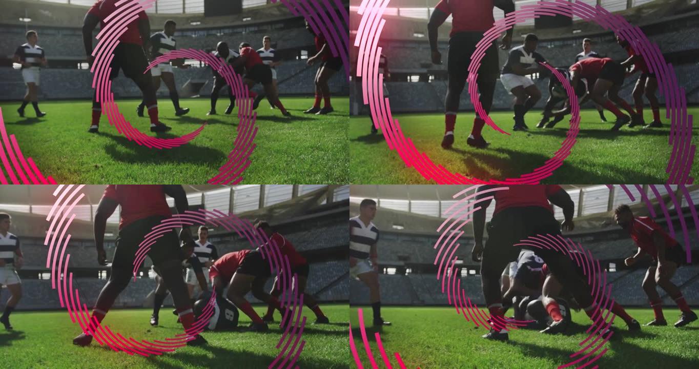 比赛期间，男性橄榄球运动员身上的红线螺旋旋转的动画