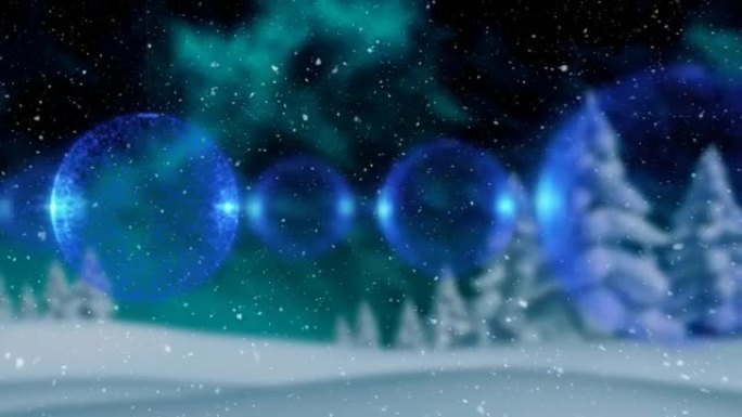 多个蓝色摆设装饰悬挂在冬季景观上的积雪上