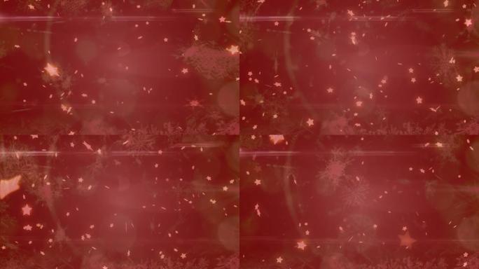 多个雪花和星星图标漂浮在红色背景下的光斑上