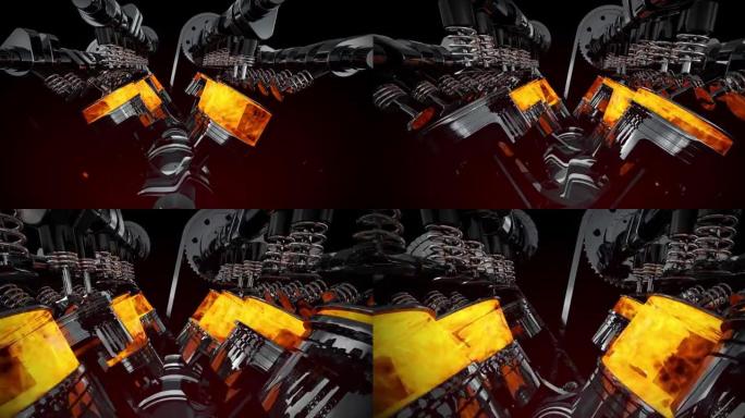 耗电工作V8引擎动画。爆炸和火花。