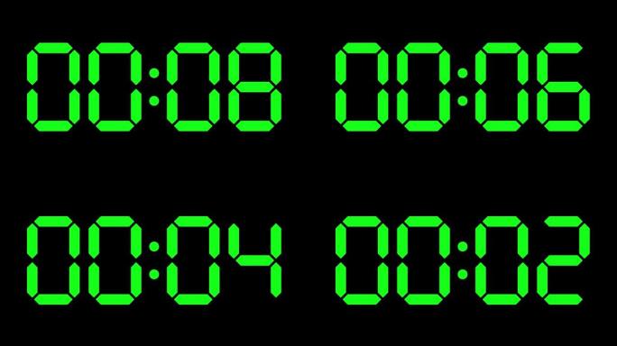 时钟计时器反方向十秒倒计时，数字电子段显示，黑色上绿色