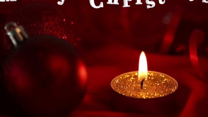 圣诞装饰和蜡烛上的圣诞快乐文字动画