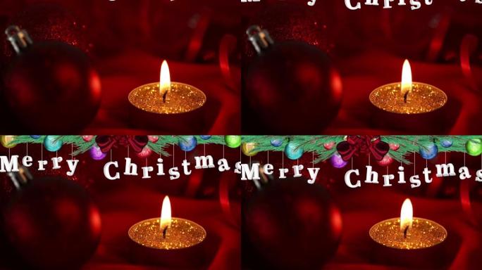 圣诞装饰和蜡烛上的圣诞快乐文字动画