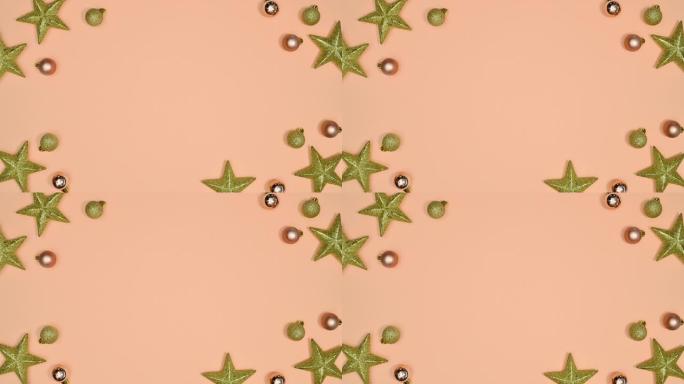 圣诞闪光星星和小装饰品出现，并在柔和的橙色主题上制作框架边框。停止运动