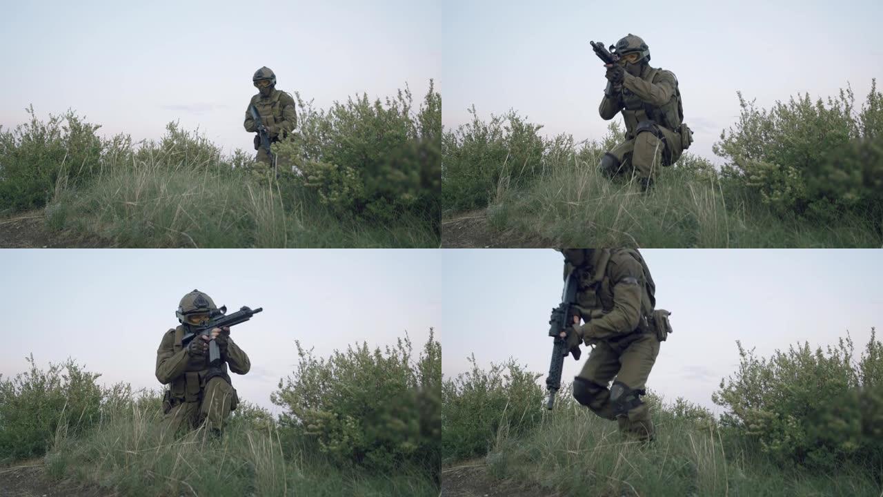 军用装备中的战斗机在草地上爬行，瞄准狙击步枪的目镜。军事概念