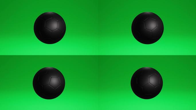 3D动画黑色足球在孤立的黑暗工作室背景上旋转，为您的广告或社交媒体帖子