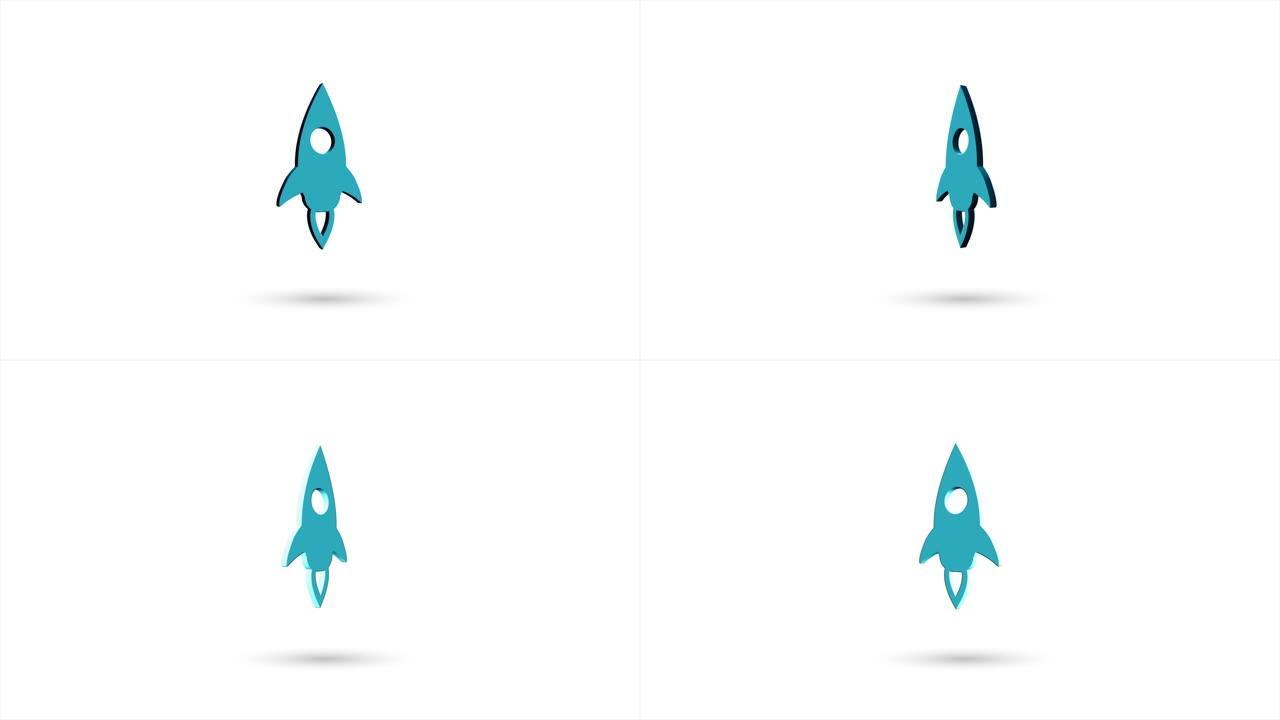 3d动画平面火箭飞船图标，阴影孤立在白色背景上。旋转火箭飞船图标。4k视频动态图形动画。